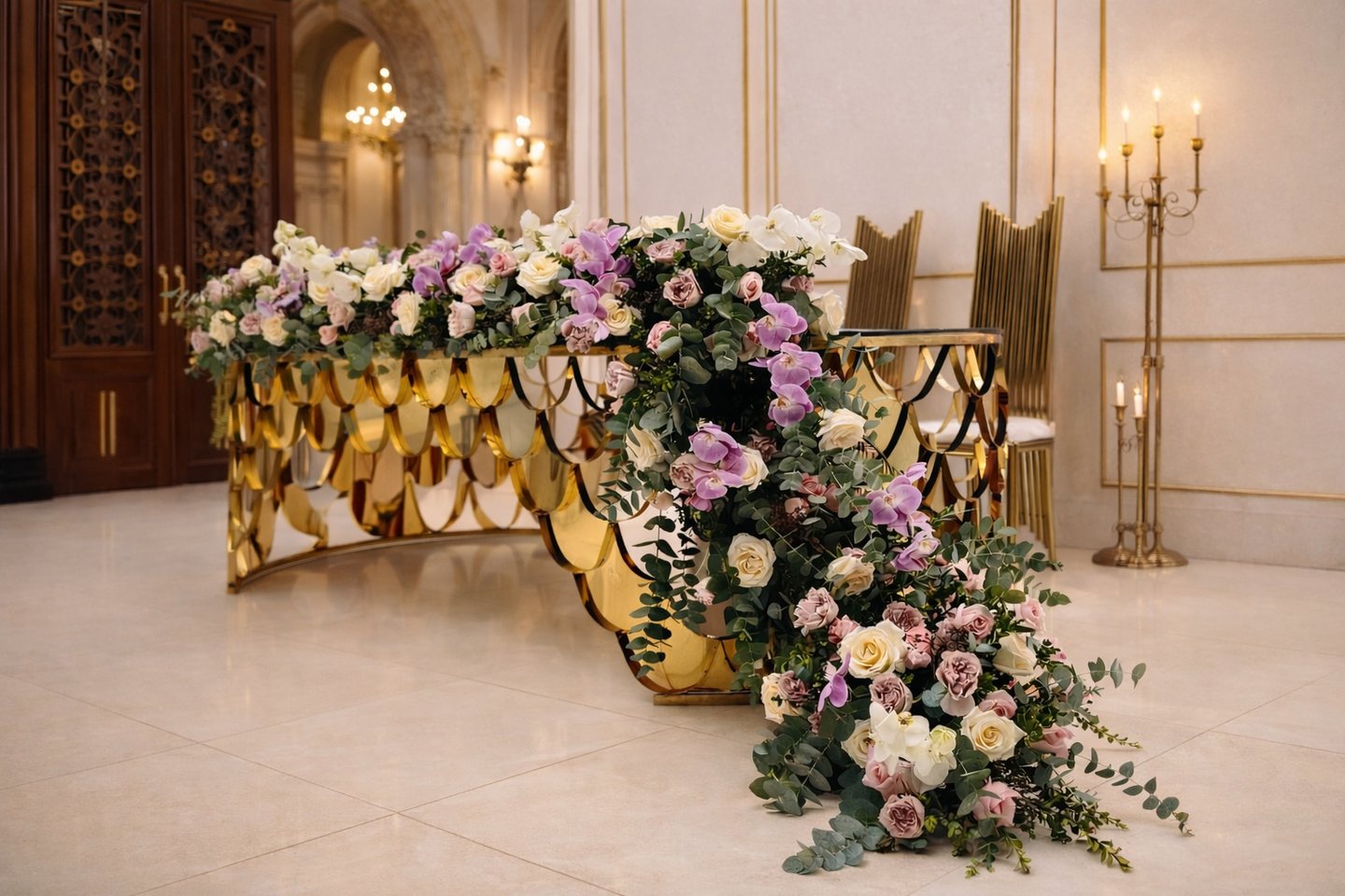 Mesa principal de boda en tono dorado, elegante decorada con arreglo en cascada de rosas y orquideas
