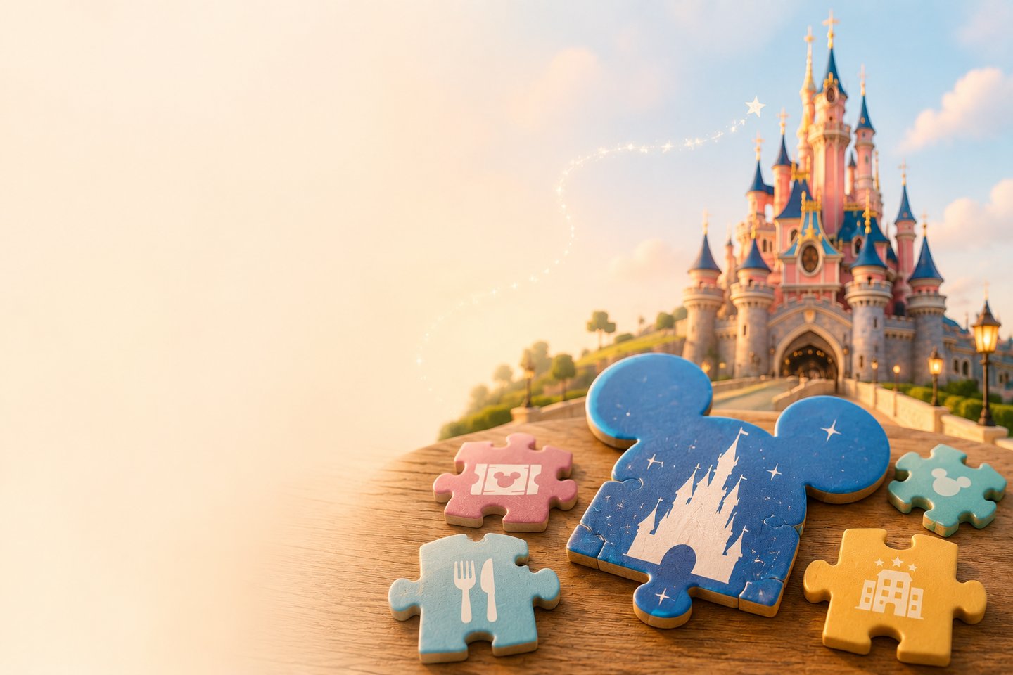 Disney vacation planning puzzle pieces in front of the Sleeping Beauty Castle at Disneyland Paris.