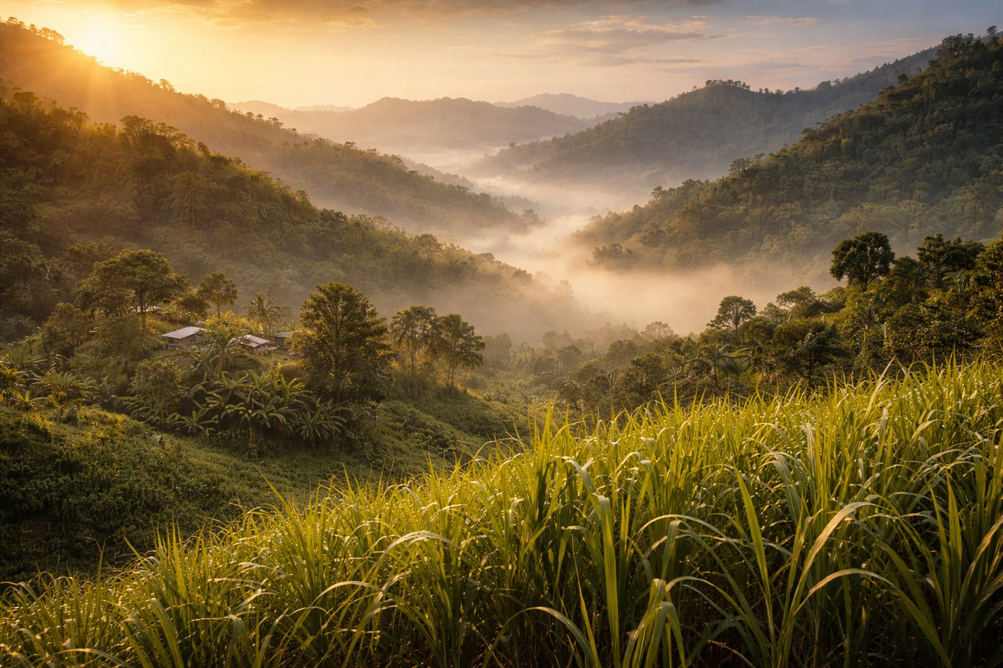 Sugarcane field in the Chittagong Hill Tracts at sunrise with misty hills and natural landscape