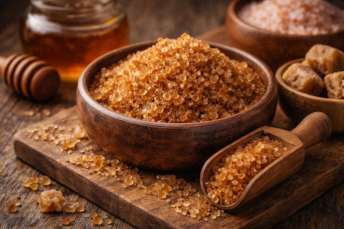 Close-up of natural unrefined brown sugar crystals rich in molasses and minerals