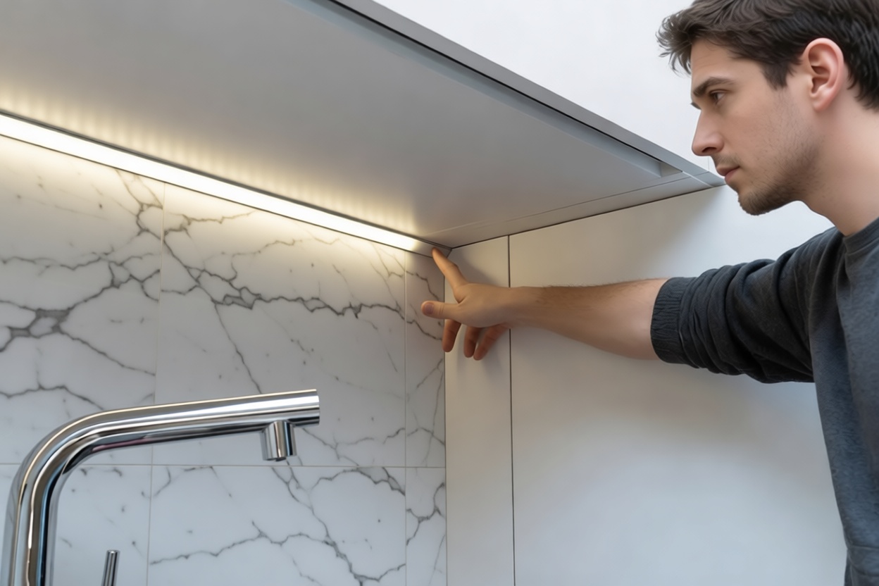 Perfil de esquina bajo mueble de cocina logrando una luz lineal continua.