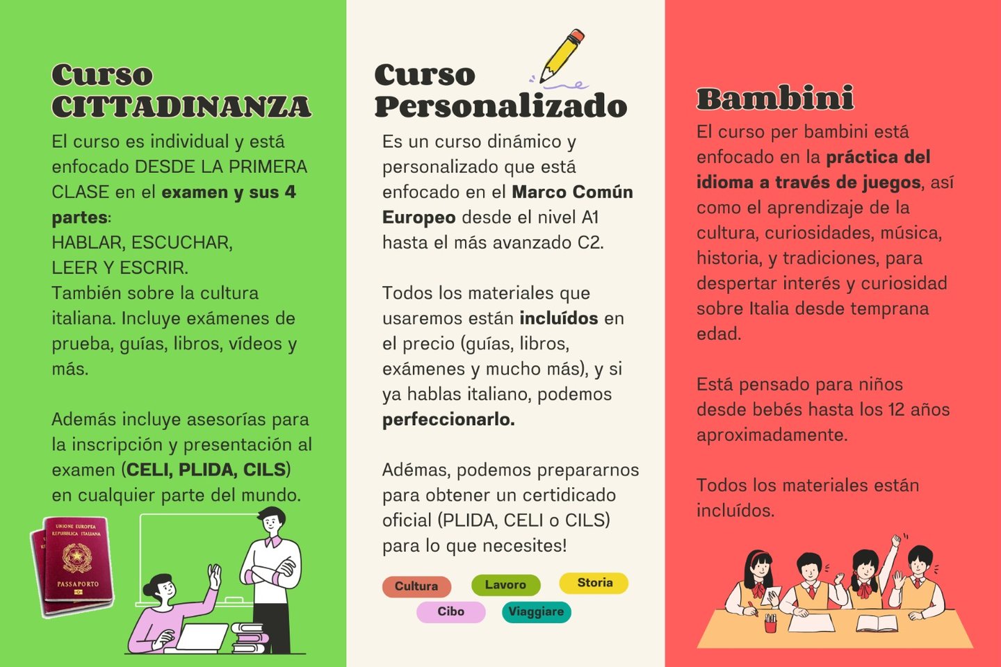 Cursos de Italiano para la ciudadania, curso de italiano para niños y curso personalizado