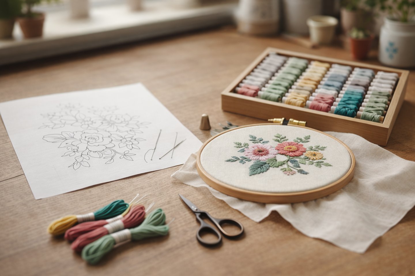 Bastidor com bordado floral feito à mão para iniciantes