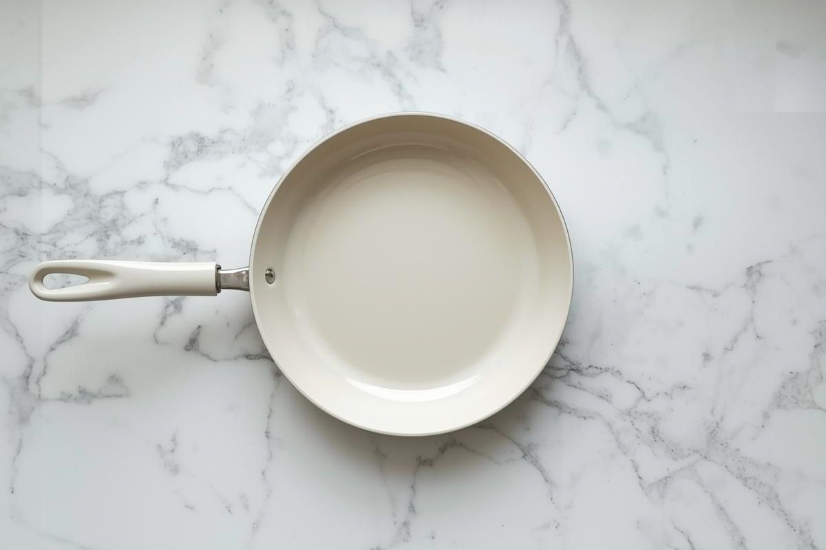 Is ceramic coated cookware safe — light colored ceramic pan on marble surface