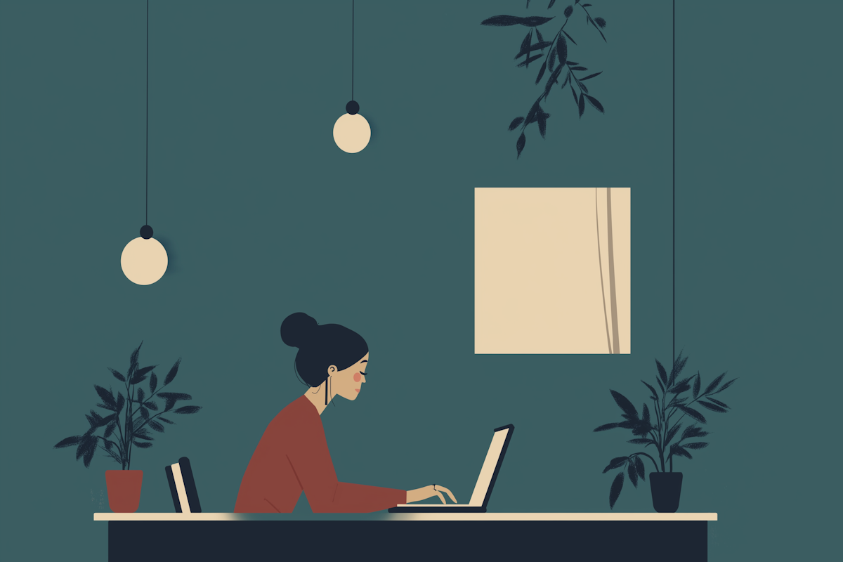 Woman sat at a desk with laptop illustration