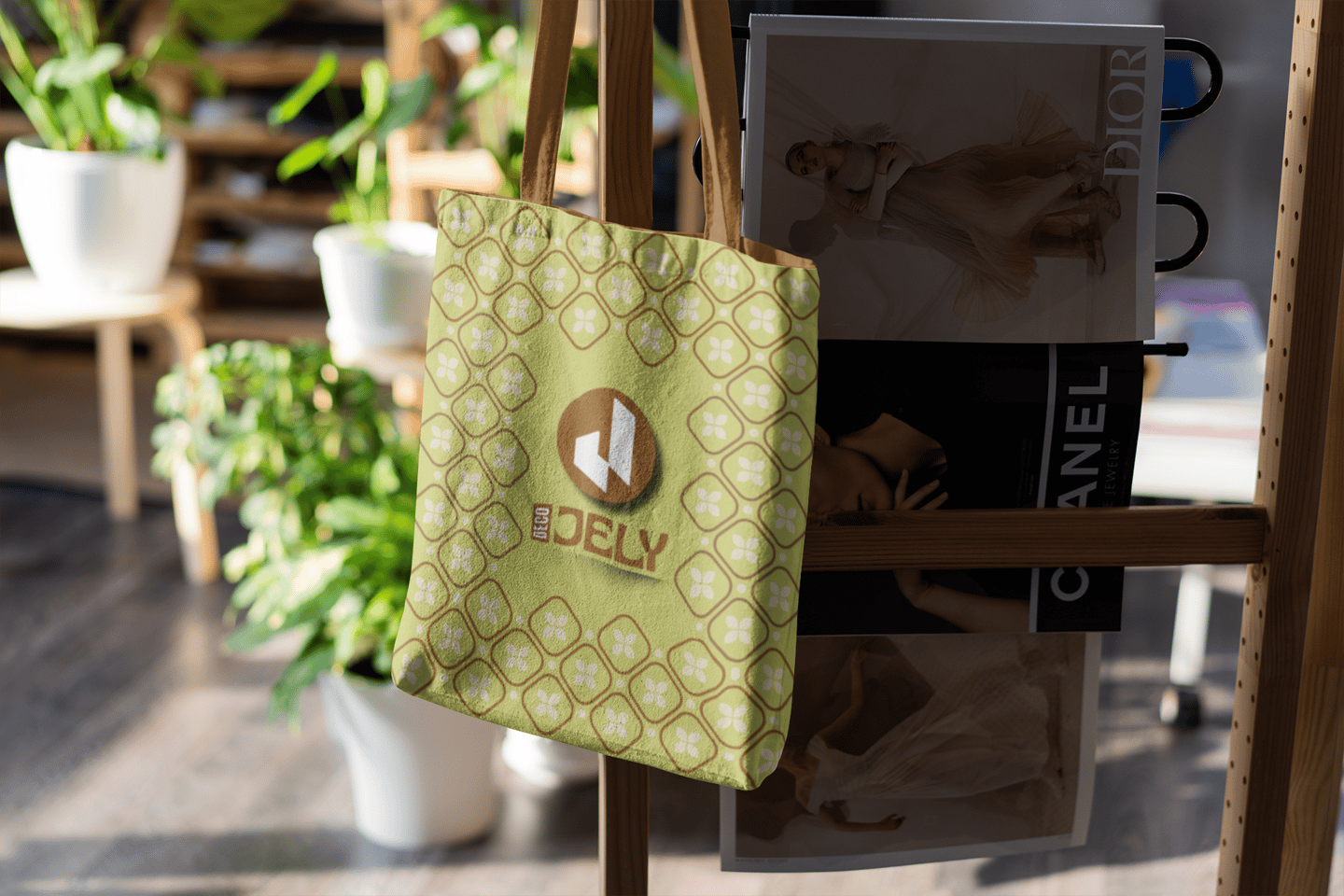 Tote bag personnalisé d'une marque de décorateur d'intérieur avec un logo  suspendu dans un studio