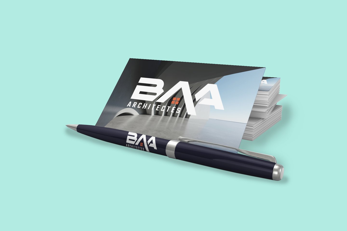 conception d'identité de marque sur cartes de visite et stylo avec un logo d'architectes