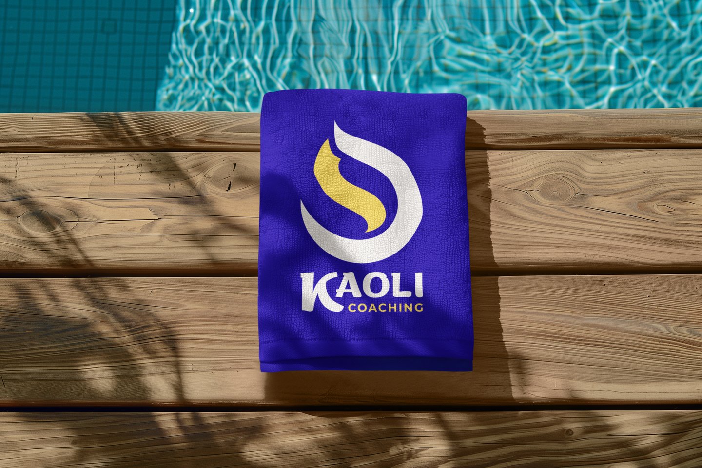 Une serviette bleue de marque de coach sportif posée sur une terrasse à côté d'une piscine.