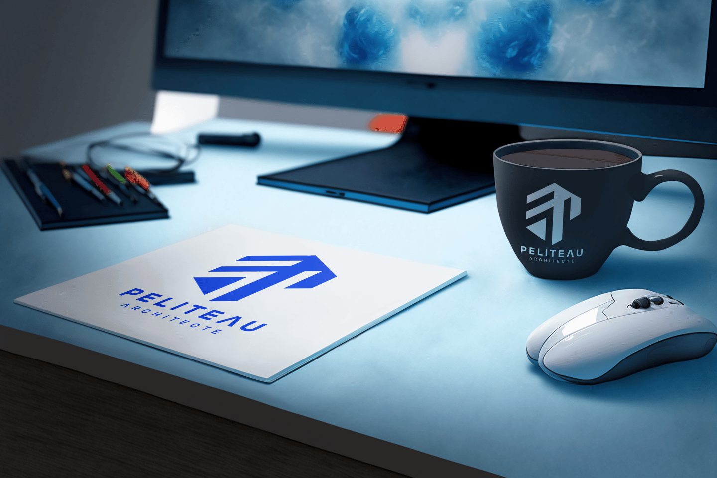 Identité visuelle de marque d'architecte sur un bureau avec une tasse et cahier..