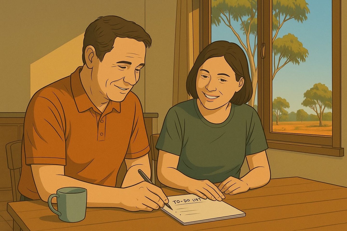 Adult writing at farmhouse table, morning light through window, gum trees and ochre soil.