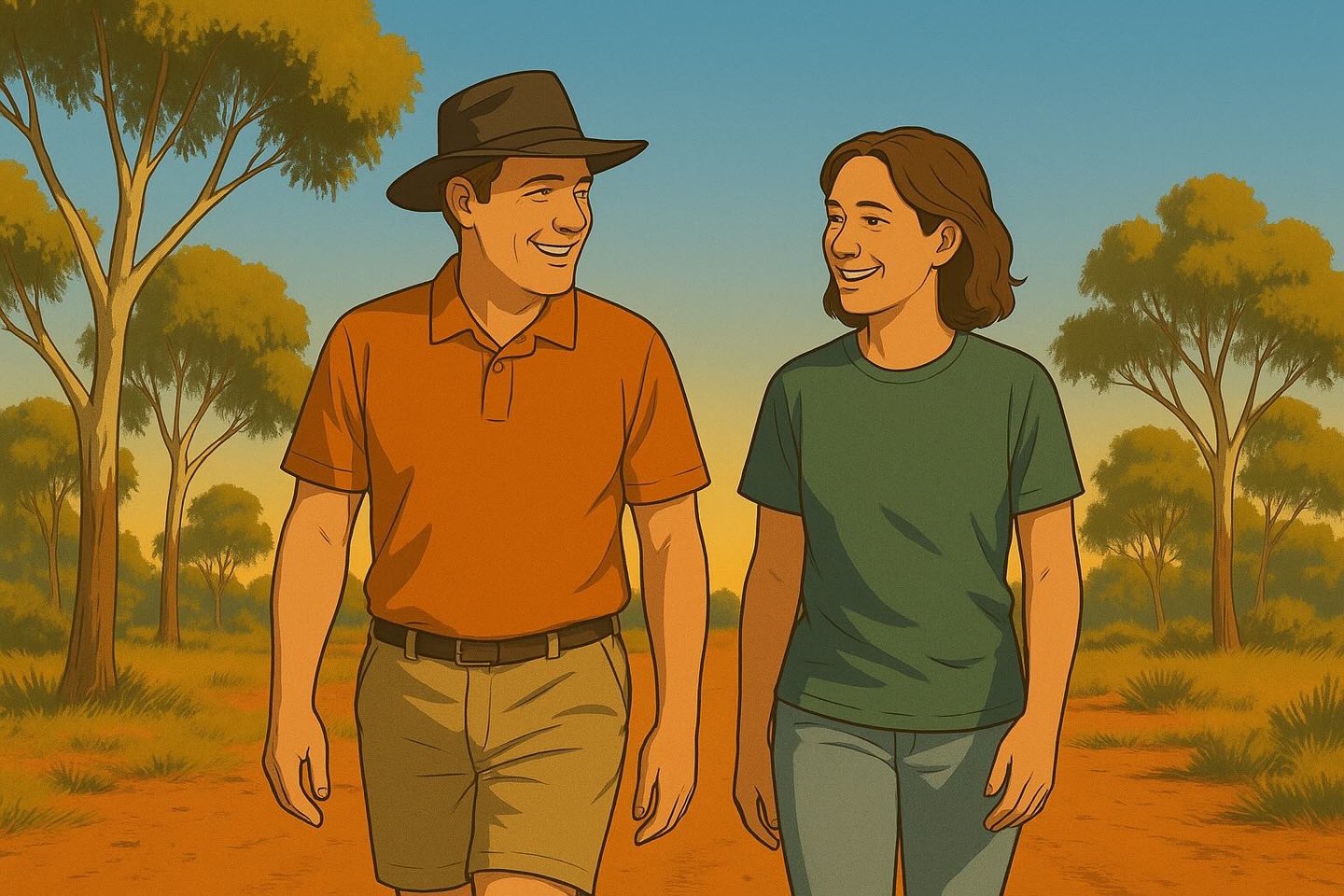 Couple walking under warm Mallee afternoon light, gum trees and red soil around them, smiling and relaxed.