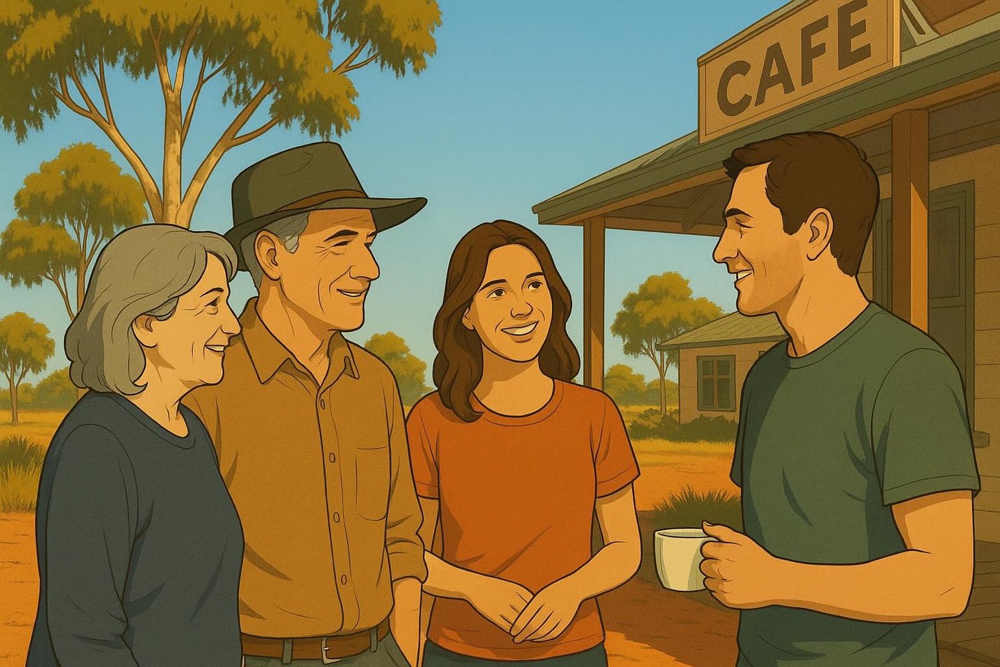 Four locals chatting outside a small Mallee café in bright morning light, gum trees and red soil behind them.