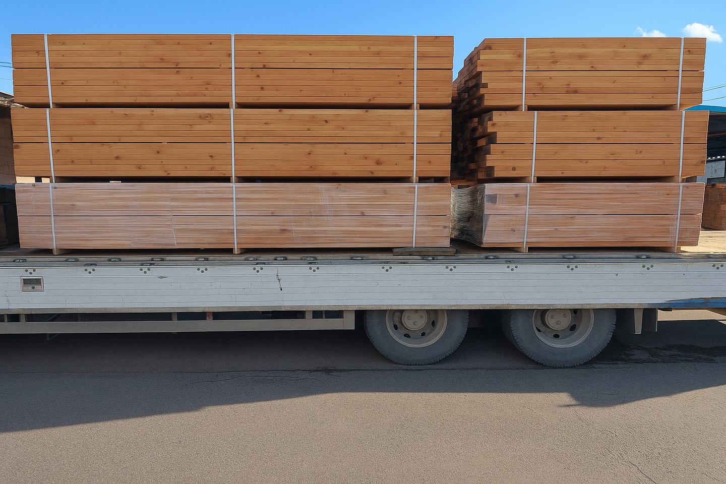 Bundles of high-quality Karamatsu wood planks stacked on a flatbed trailer for construction delivery