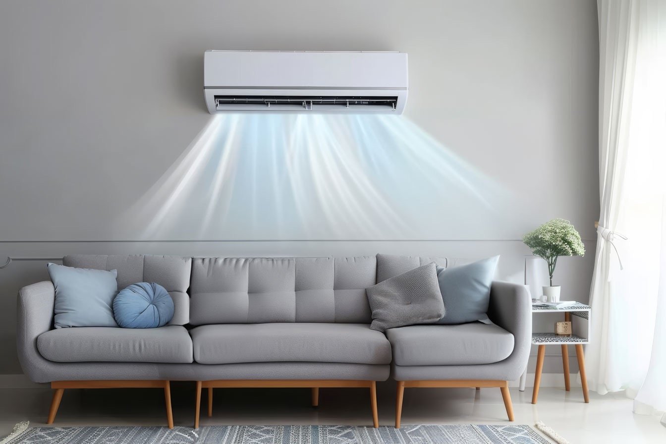 Air Conditioner blowing fresh blue air inside a well designed house