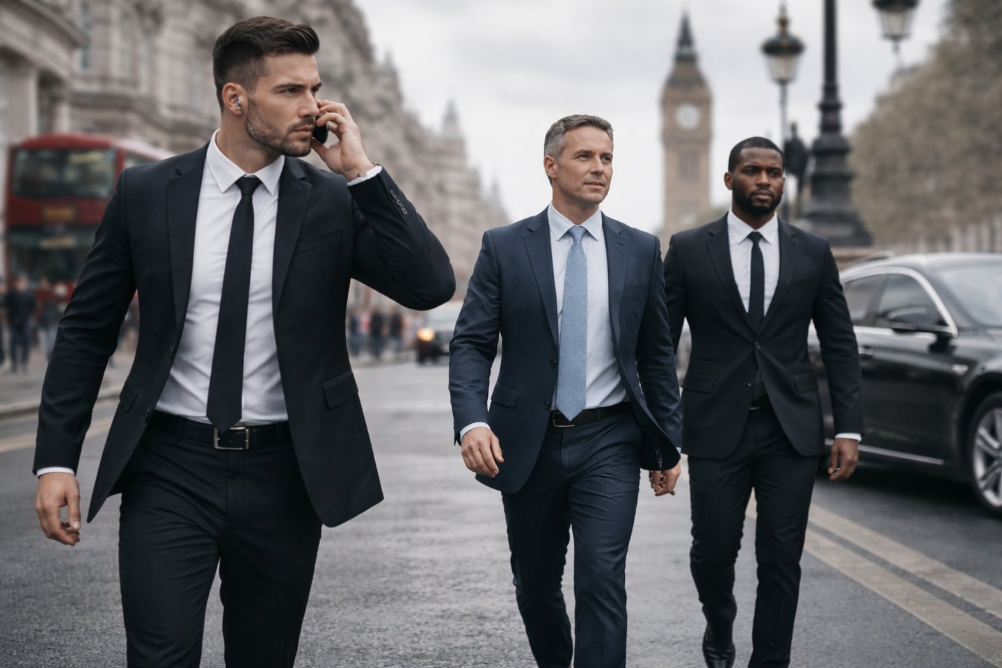 Professional executive protection team walking in London with Big Ben in the background.