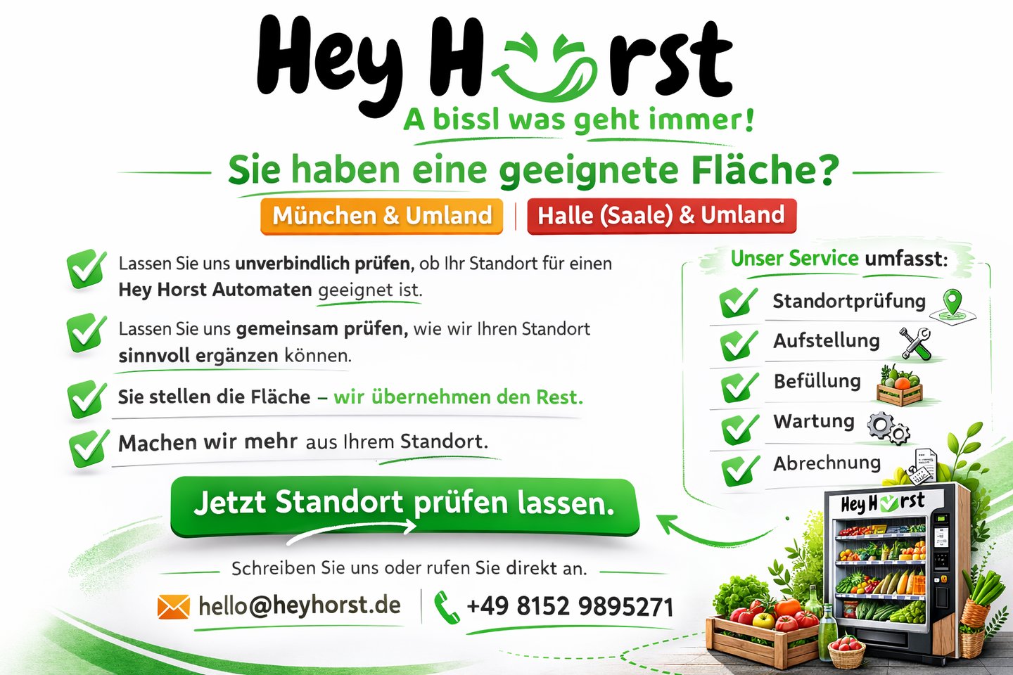 Werbegrafik von Hey Horst mit Logo und dem Slogan „A bissl was geht immer!“. 