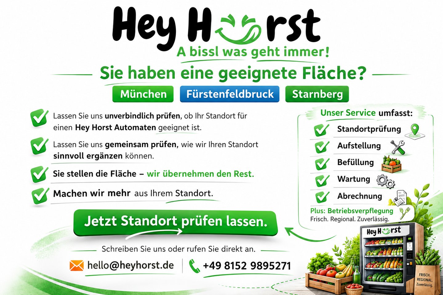 Hey Horst vending machine service flyer for München, Fürstenfeldbruck, and Starnberg featuring regional snacks.