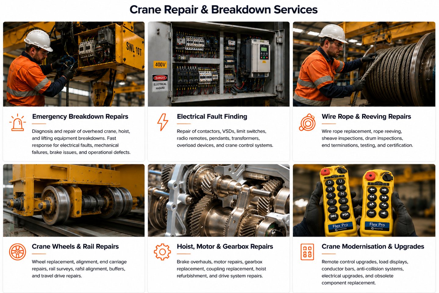 collag picture of crane repairs including electrical fault finding, wire rope replacement
