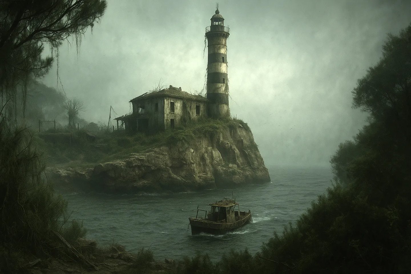 a boat in the water near a lighthouse