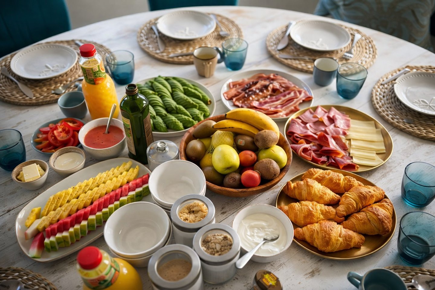 Mesa preparada con desayuno para servicio de chef privado a domicilio