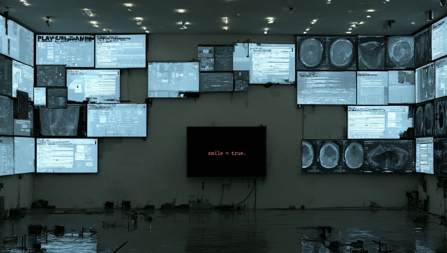 La machine : un ecran noir entouré d'écran avec des courbes, des chiffres et des scans craniens.