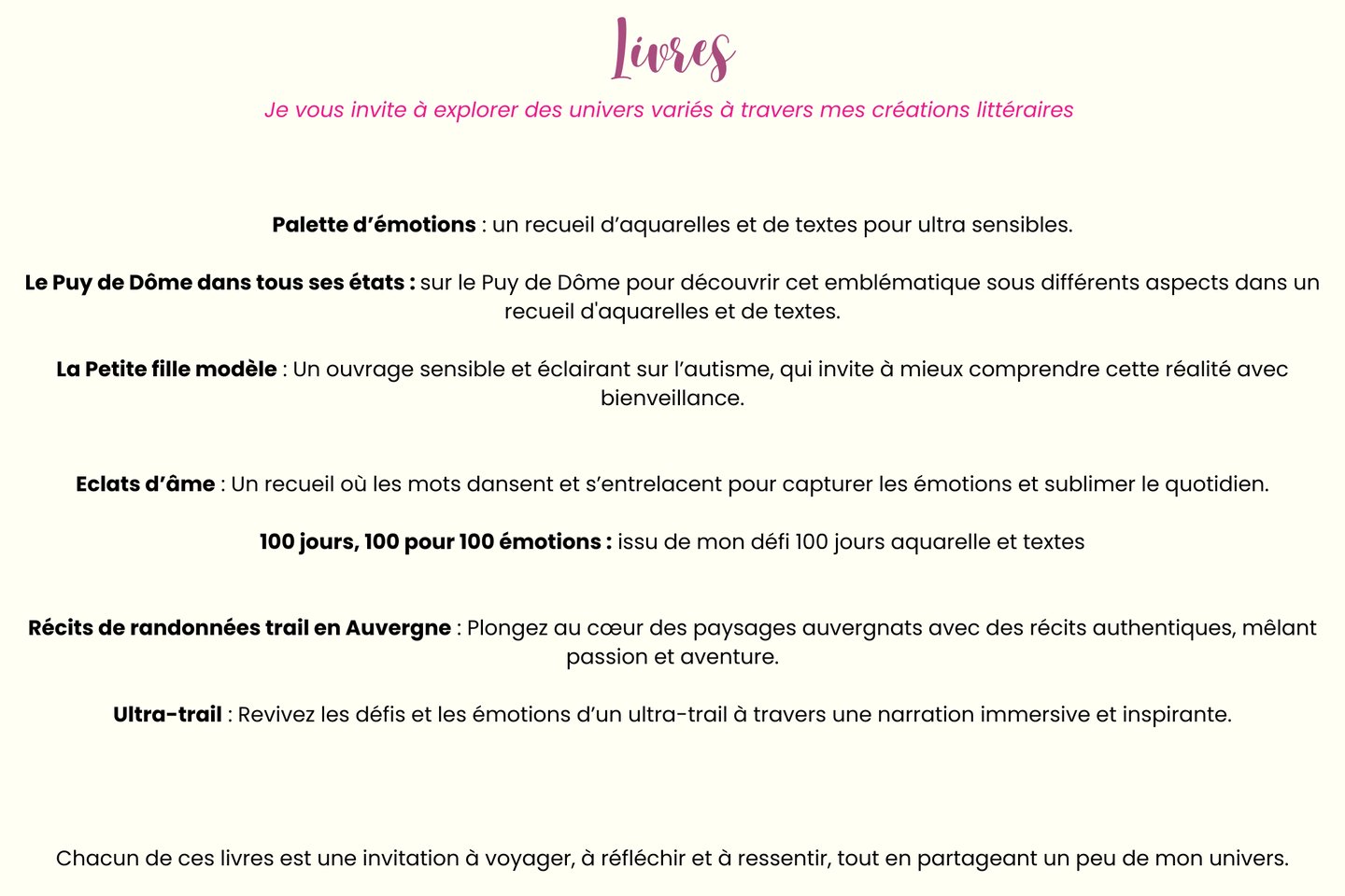 Présentation de livres sur l'aquarelle, la poésie, l'autisme, le trail, la randonnée