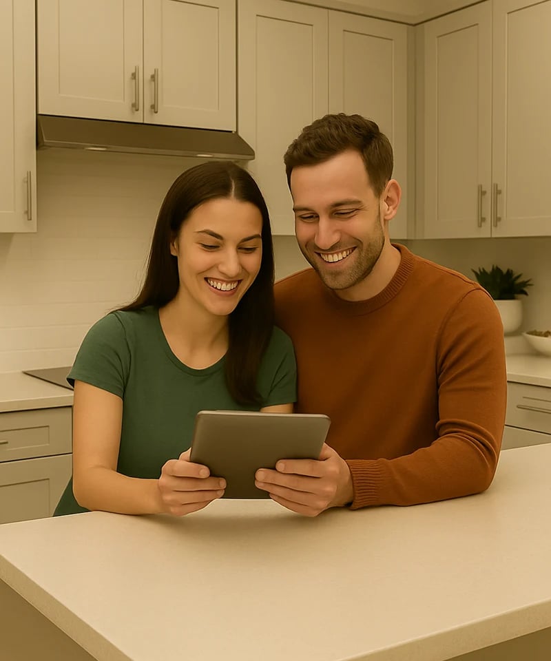 a man and woman standing in a kitchen with new shaker cabinets and zero stress