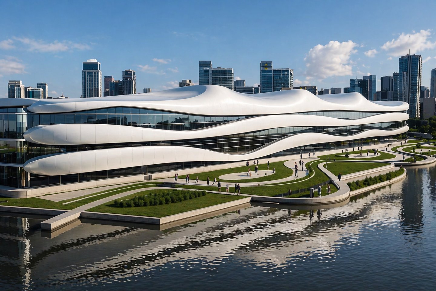 Modern curvilinear building with wavy white architecture and green landscape by a river.