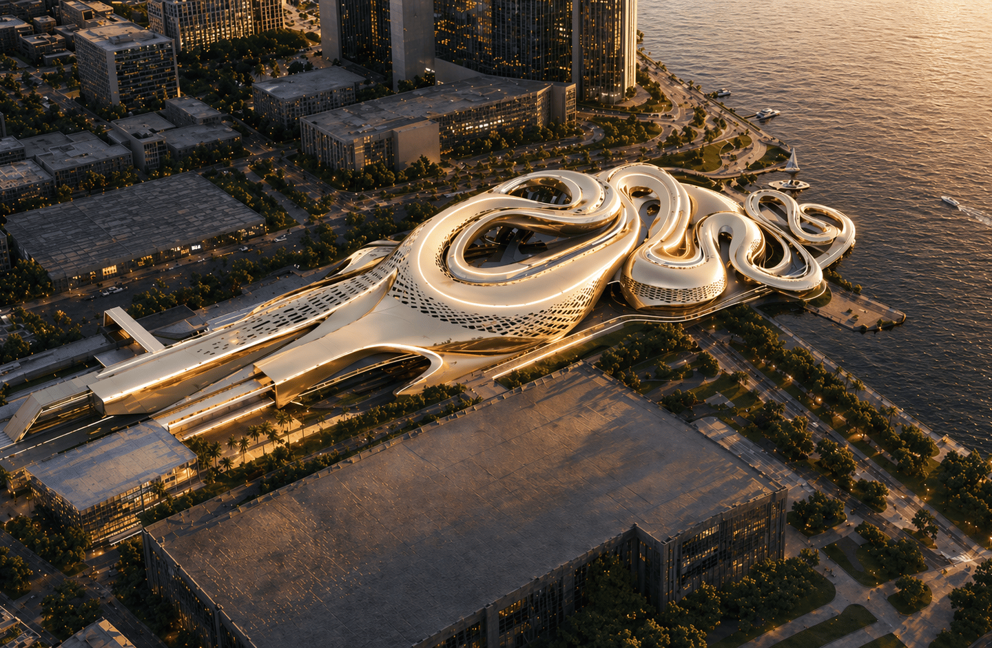 Aerial view of a golden futuristic curvilinear building design along a city waterfront at sunset.