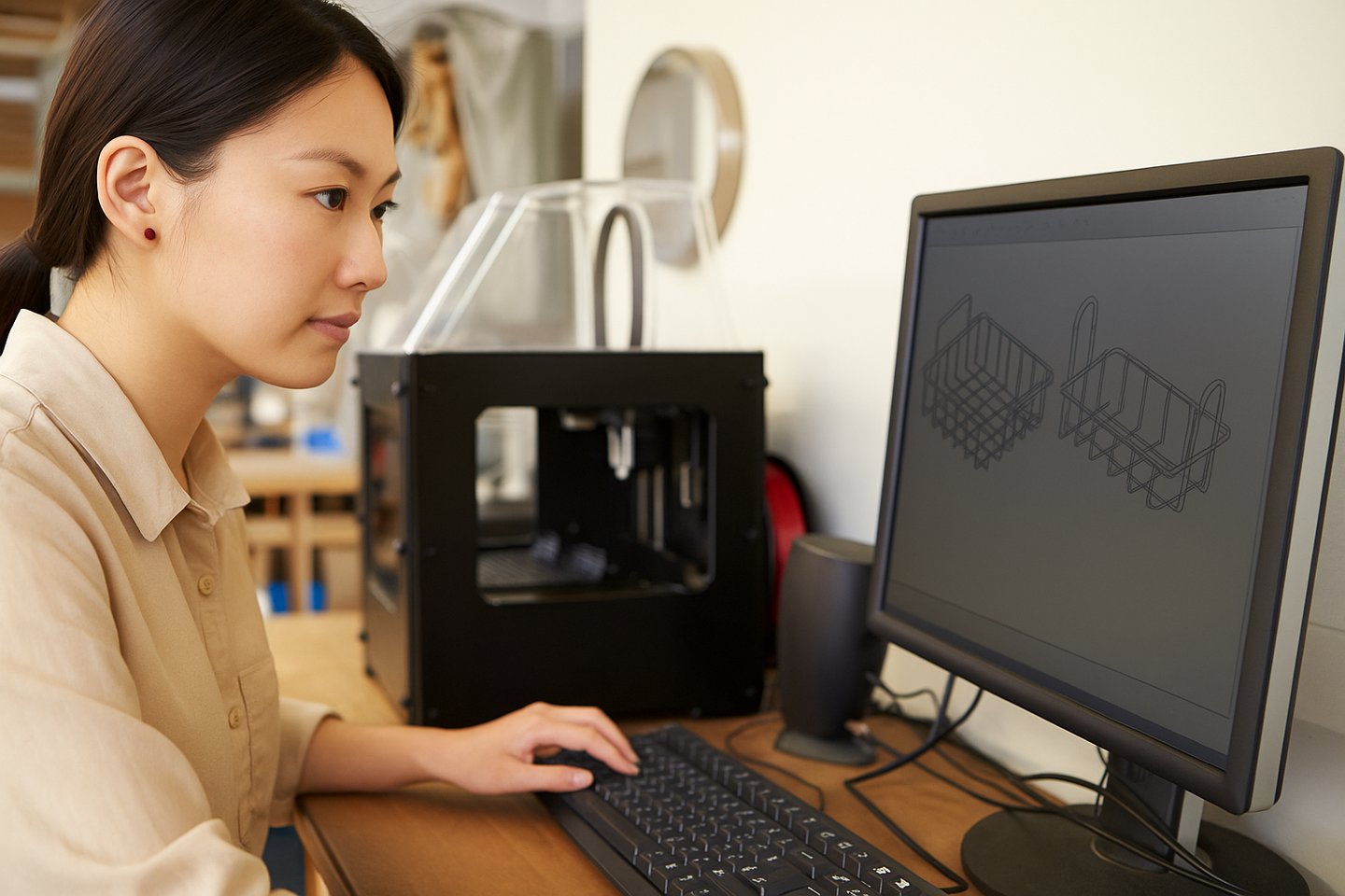 Una diseñadora está dibujando una cesta de hardware.