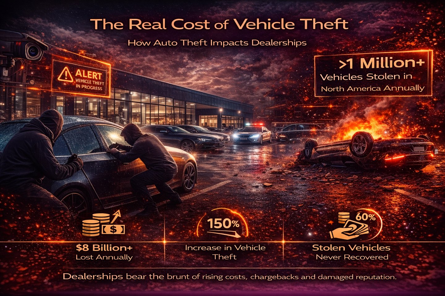 vehicle theft at dealership showing financial loss and damage impact