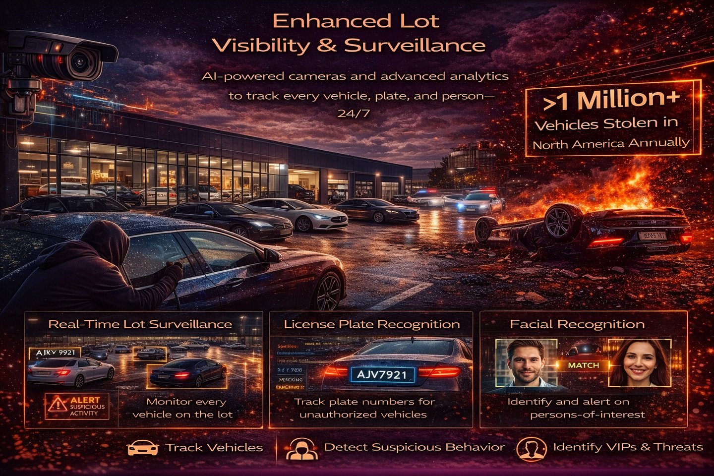 AI surveillance system tracking vehicles and license plates in dealership lot