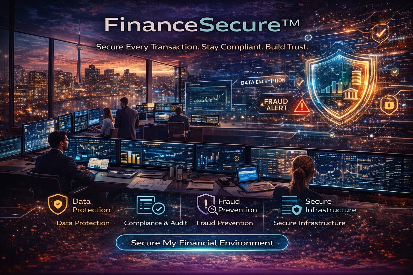 FinanceSecure platform protecting financial data and transactions in modern financial office