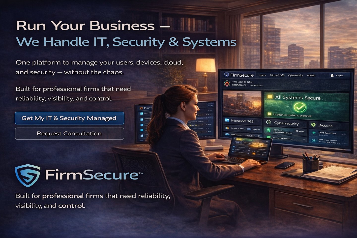 FirmSecure managed IT services dashboard with office professional monitoring business systems