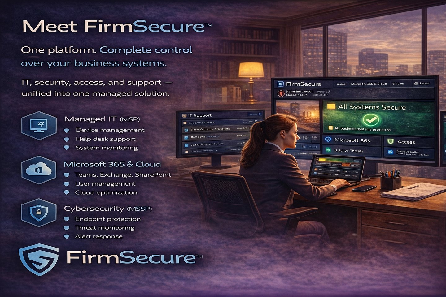 FirmSecure platform showing unified IT management cybersecurity and Microsoft 365 dashboard