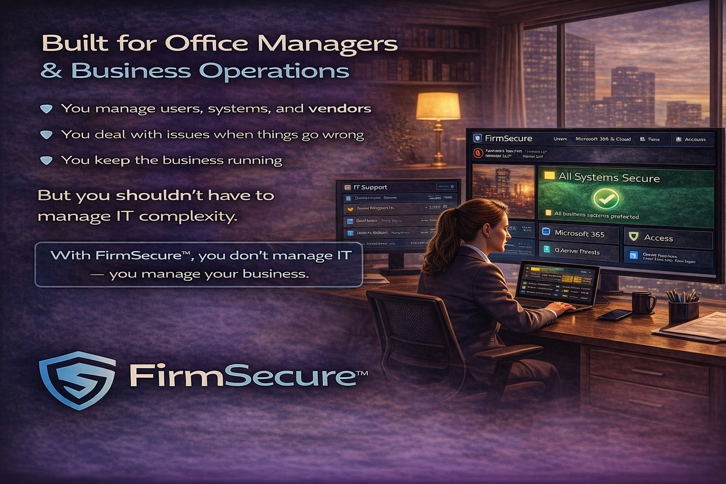 office manager monitoring IT systems and coordinating business operations