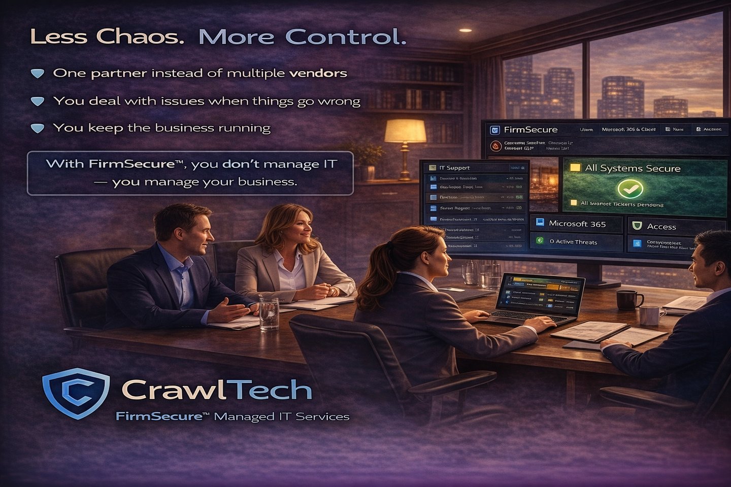 business leadership team discussing IT strategy while managed services handle systems