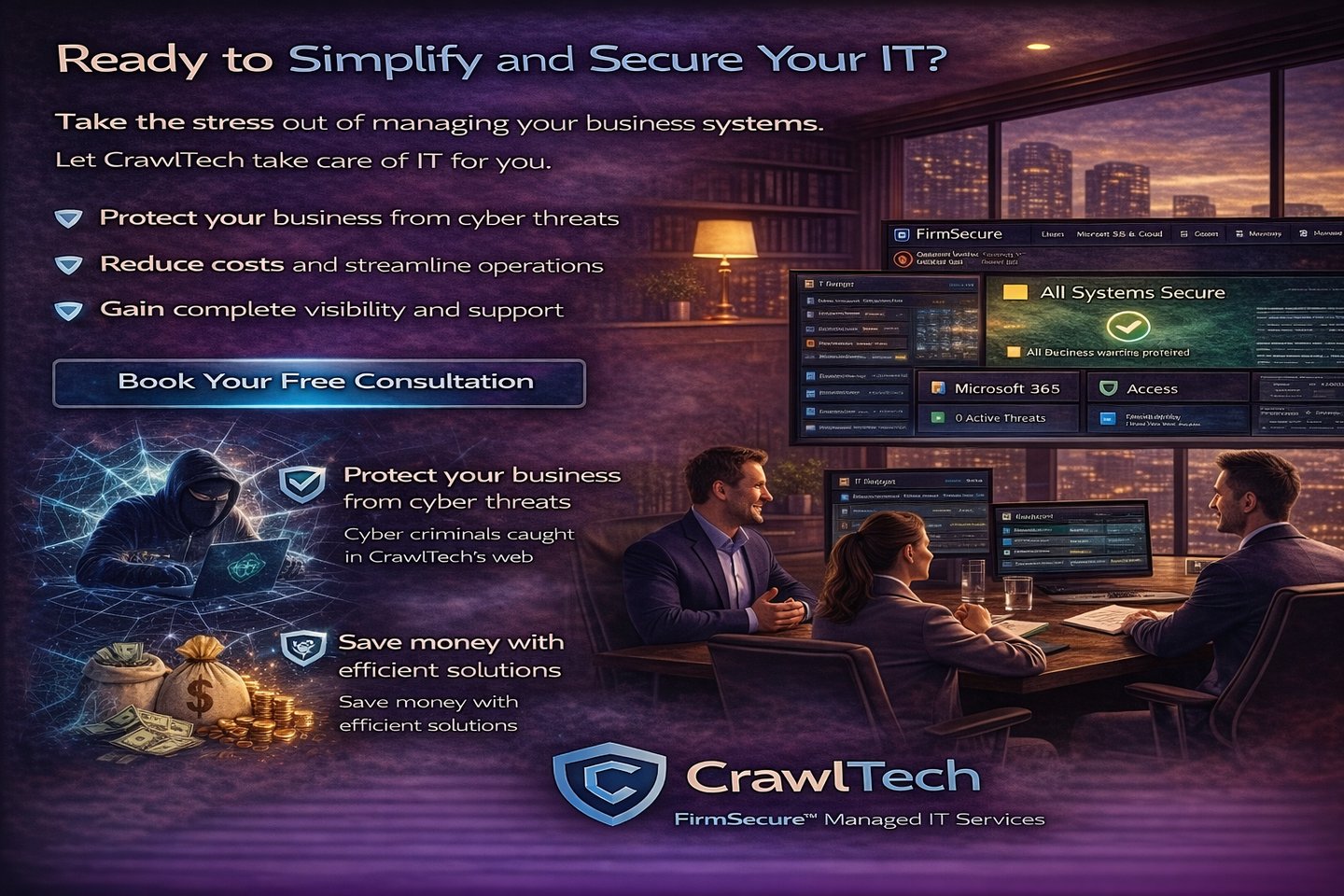 CrawlTech FirmSecure cybersecurity protection and cost savings visualization with business team