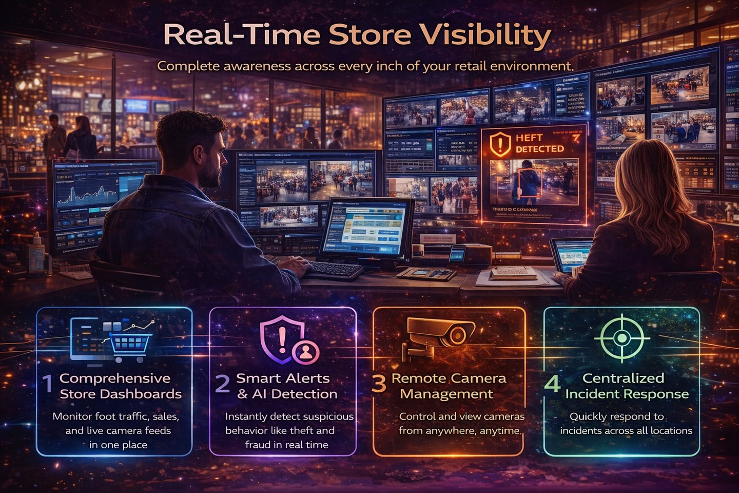 retail security monitoring dashboard with live camera feeds and alerts CrawlTech