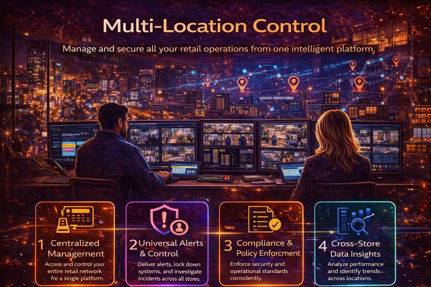 CrawlTech - multi-location retail monitoring system showing connected store network