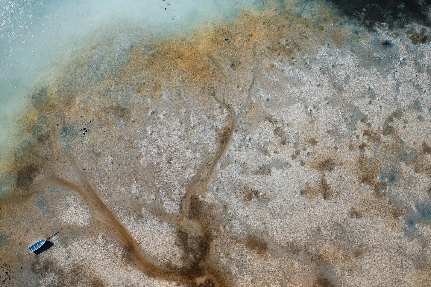 Aerial view of a boat on a coastal landscape in Mauritius