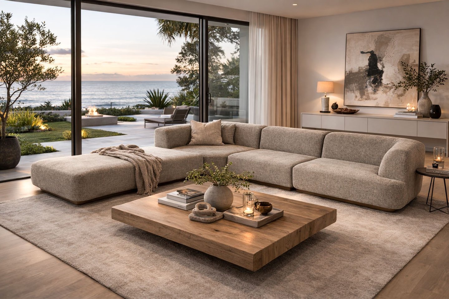 Custom cream sectional sofa in Los Angeles coastal living room by Solo Home Decor
