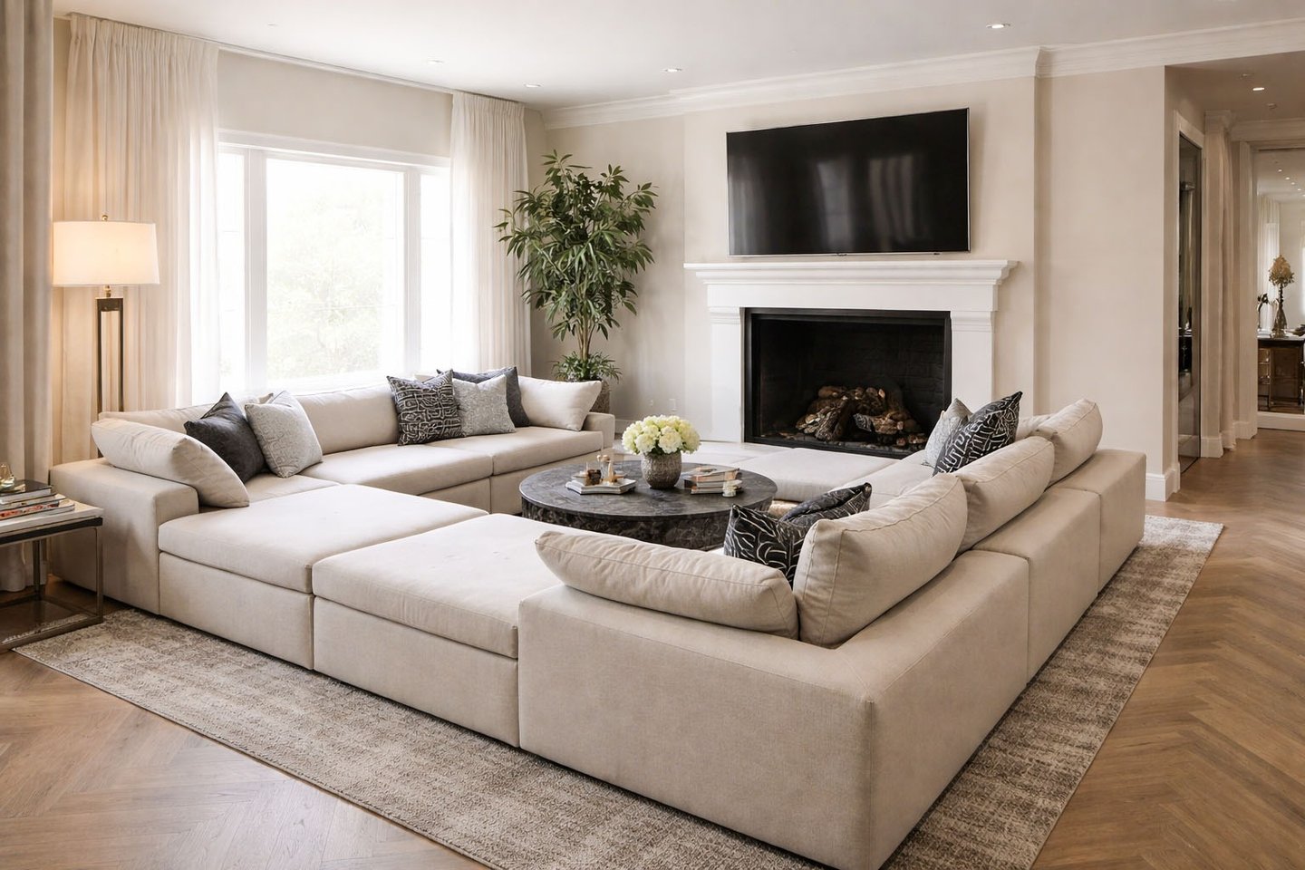 High-end cream modular sectional styled in a bright living room by Solo Home Decor