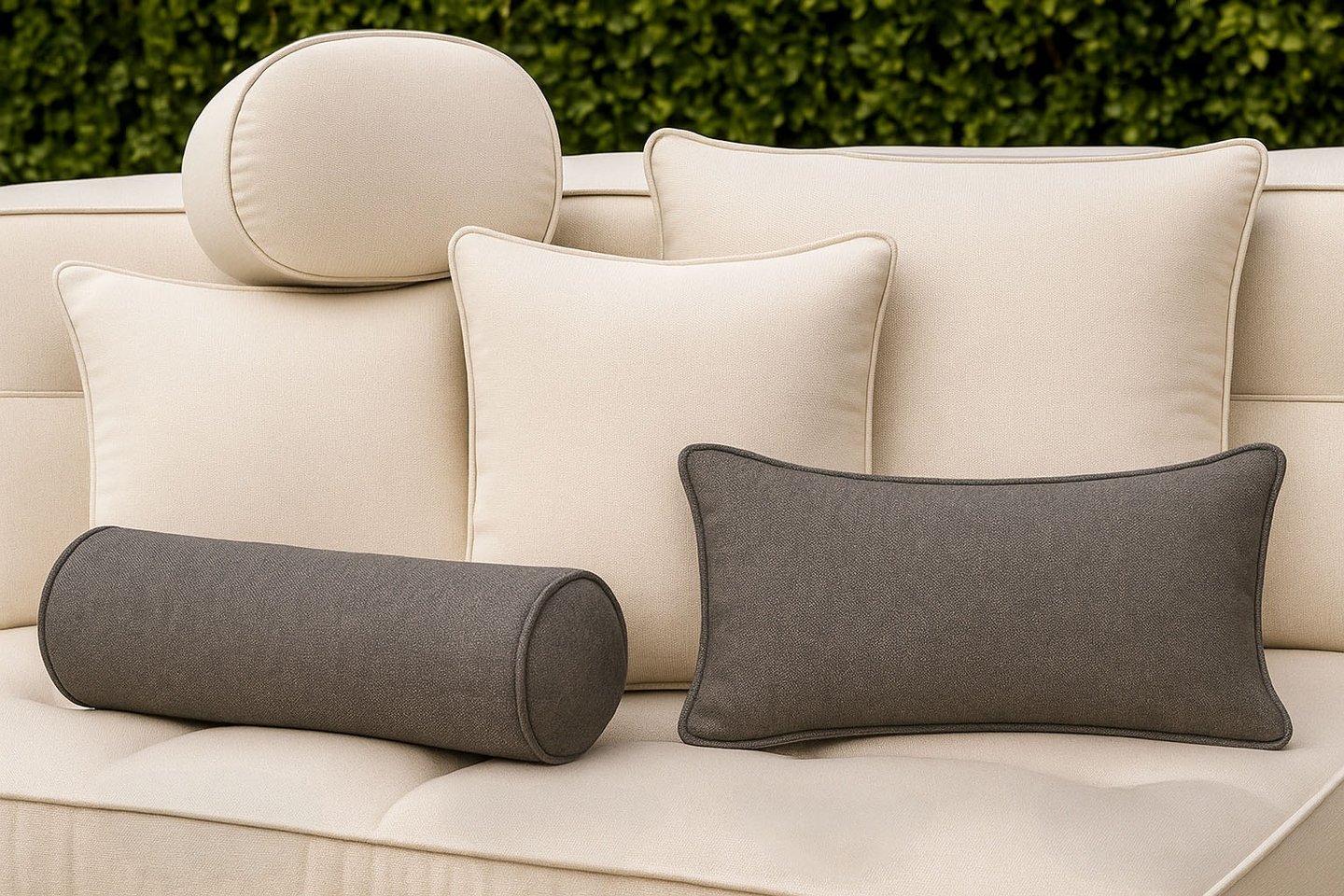 Solo Home Decor’s custom outdoor cushion collection featuring beige and charcoal pillows in various shapes