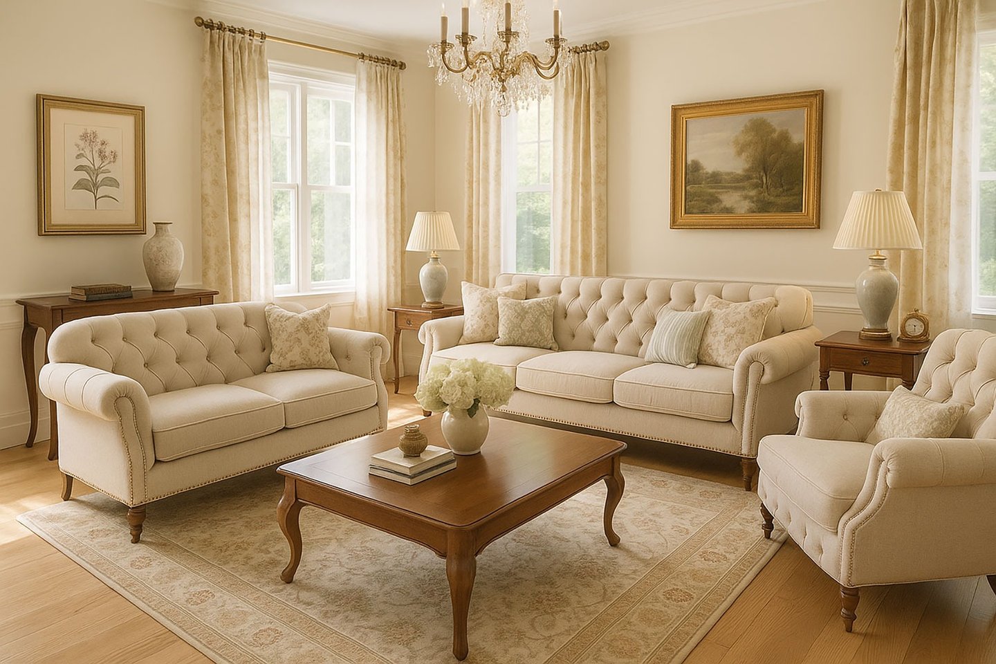 Traditional living room with tufted sofa, carved wood table, and layered curtains.