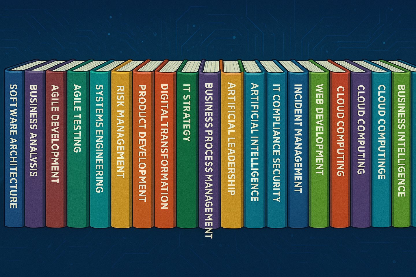 A row of books stood up showing spines with titles relating to IT