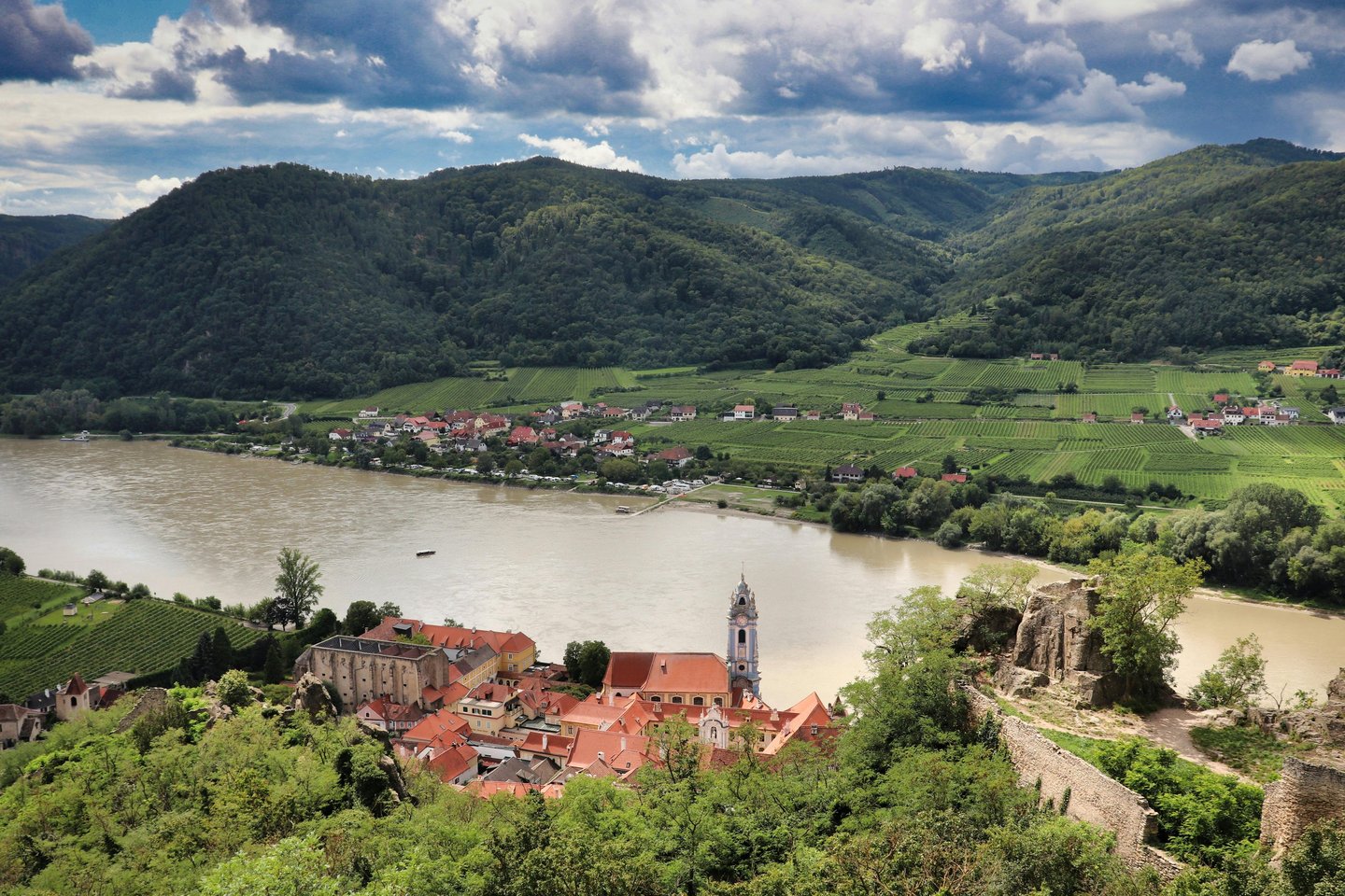 Panoramic view of Durnstein village, Danube River, and Wachau Valley vineyards in Austria.