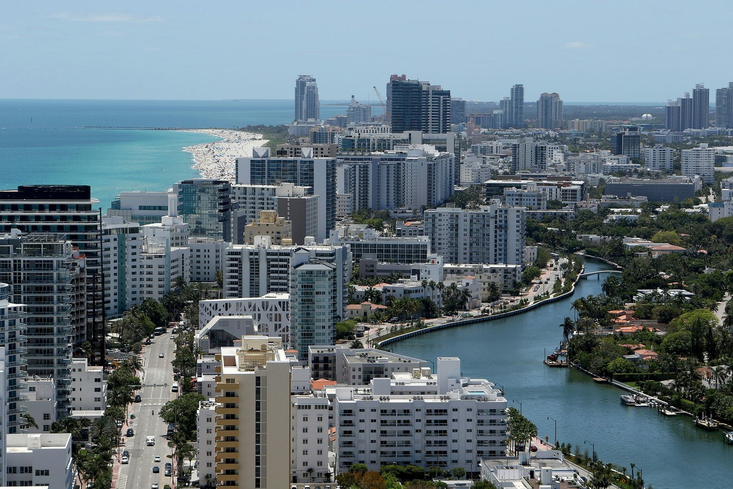 Aerial view of Miami's South Beach showing colorful Art Deco buildings on Ocean Drive