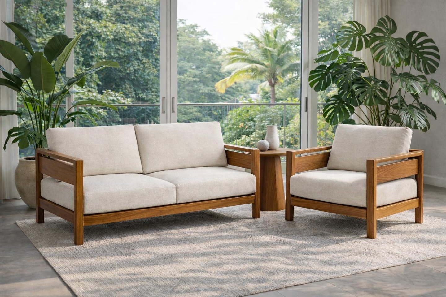 Modern mid-century wooden sofa and armchair with beige cushions in a bright living room with tropical plants.