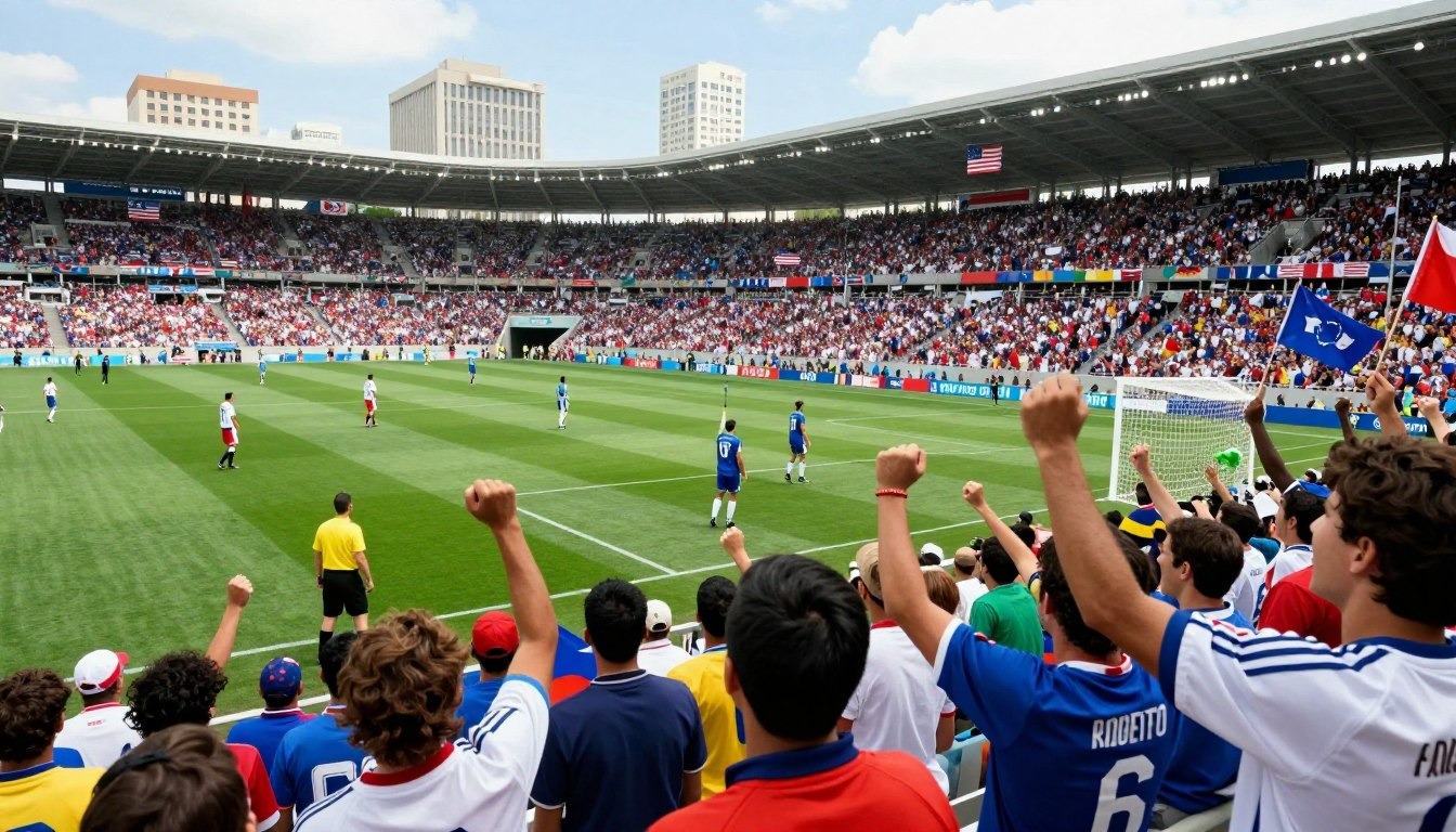 A vibrant scene capturing the essence of the 1994 FIFA World Cup, showcasing a packed stadium filled